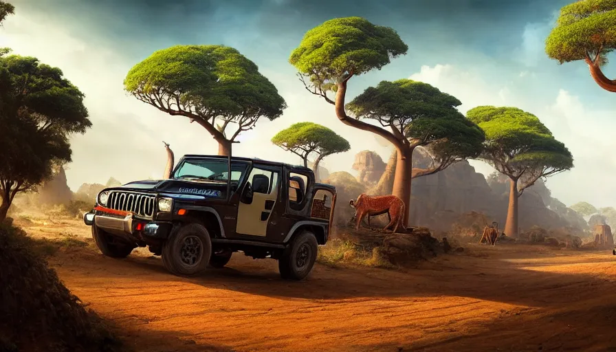 Image similar to mahindra thar driving through madagascar road with baobabs trees, animals running along, action scene, an epic fantasy, wide shot, artgerm, trending on artstation, masterpiece, by greg rutkowski, by ross tran, by fenghua zhong, octane, soft render, ultrarealistic, colorful, cinematic, shadow of the tomb rider