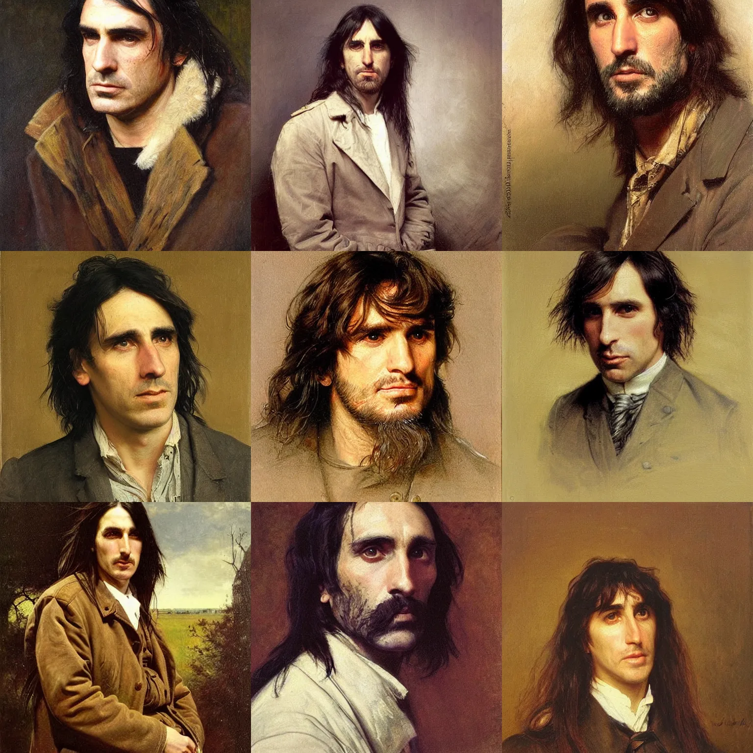 Prompt: portrait of a man who looks like daniel - day lewis, trent reznor, and ray romano with long hair, painting by samuel luke fildes