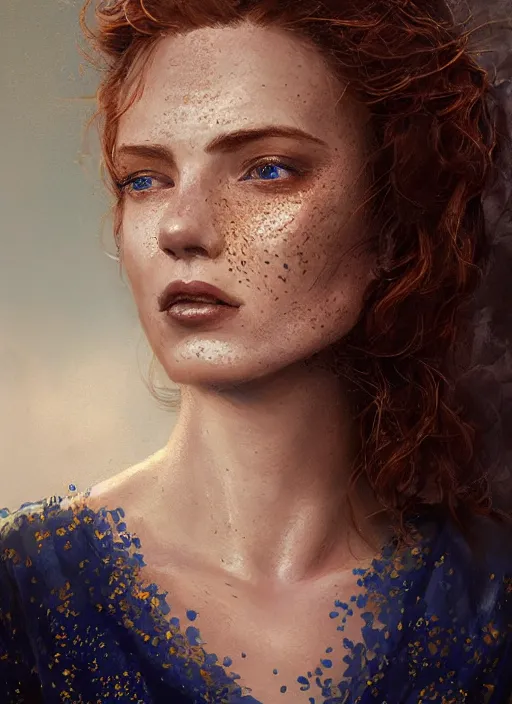 Image similar to portrait of a woman with green eyes and freckles, dressed in a navy blue gown with gold embroidered details, auburn hair, detailed face, fantasy, highly detailed, cinematic lighting, digital art painting by greg rutkowski