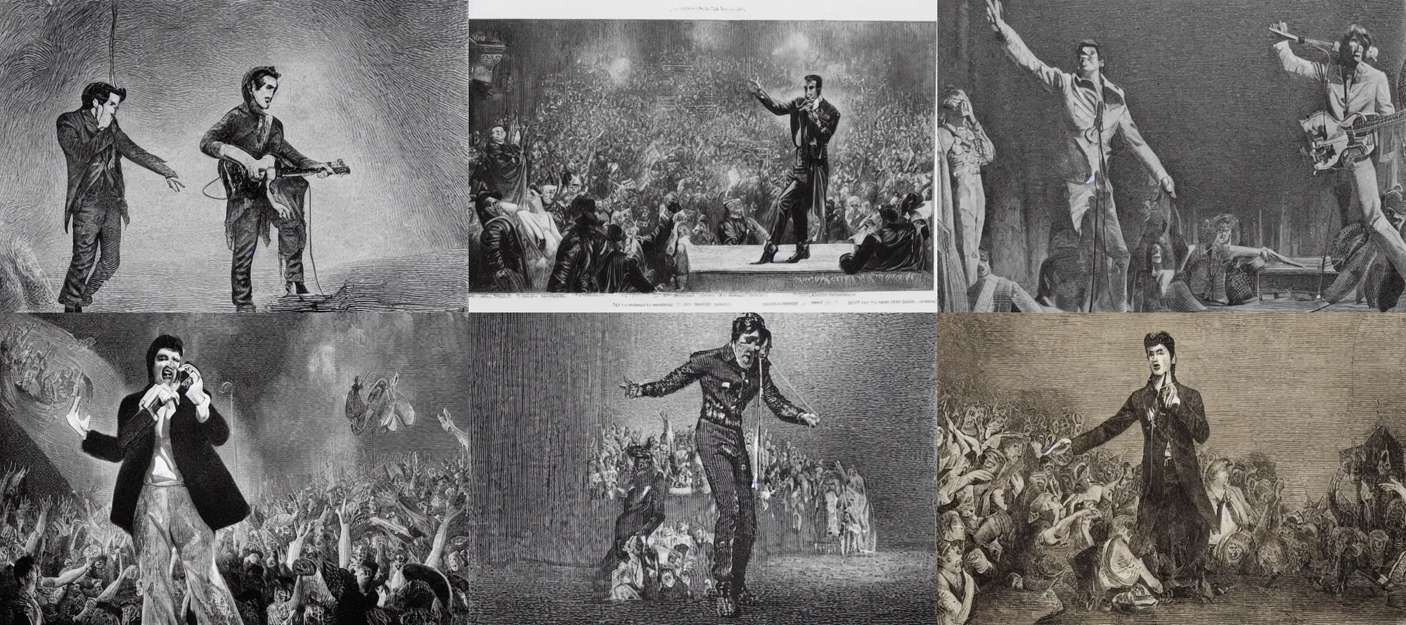 Image similar to elvis presley performing on stage, wood engraving, by gustave dore