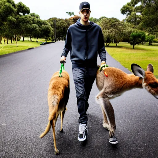 Image similar to Pete Davidson walking a kangaroo, 4k, photorealistic,