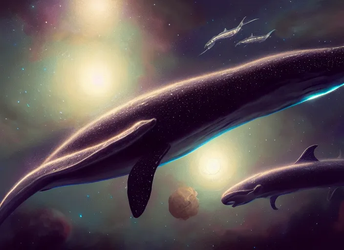 Prompt: highly detailed illustration of space whales, artstation, cinematic lighting, hyperdetailed, cgsociety, 8k, high resolution, Charlie Bowater, Tom Bagshaw, Norman Rockwell, insanely detailed and intricate