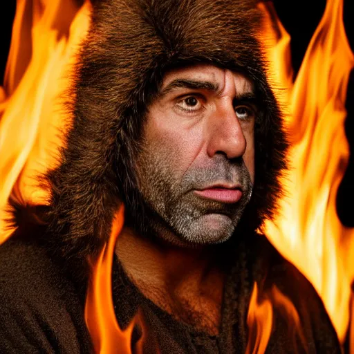 Prompt: Photo portrait Joe Rogan as a neanderthal cave man wrapped in fur cloak lit by fire cave background dramatic lighting 85mm lens by Steve McCurry