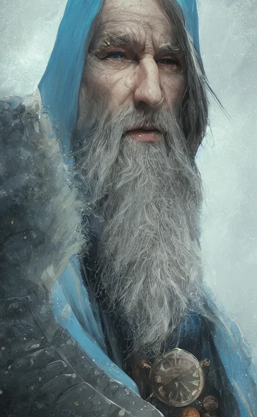 Prompt: portrait of a middle - aged elf with a long beard, dressed in a blue cloak, brown - grey hair, raised hand, clock iconography, detailed face, fantasy, highly detailed, cinematic lighting, digital art painting by greg rutkowski