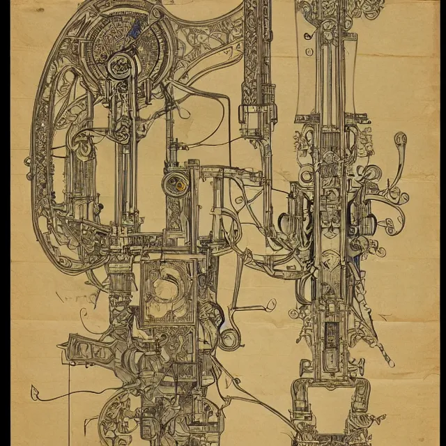 Image similar to detailed, intricate technical drawings on parchment from 1 8 4 0, with labels and notes, for a beautiful, symmetric, art nouveau robotic arm holding a paintbrush, by ron cobb and alphonse mucha