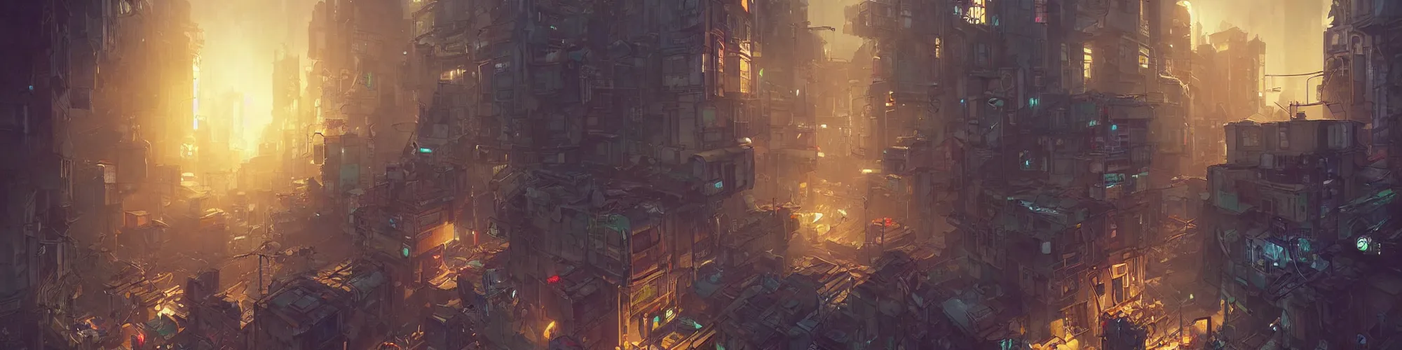 Prompt: an isometric cyberpunk slum, bright lights, by greg rutkowski and games gurney, trending on artstation