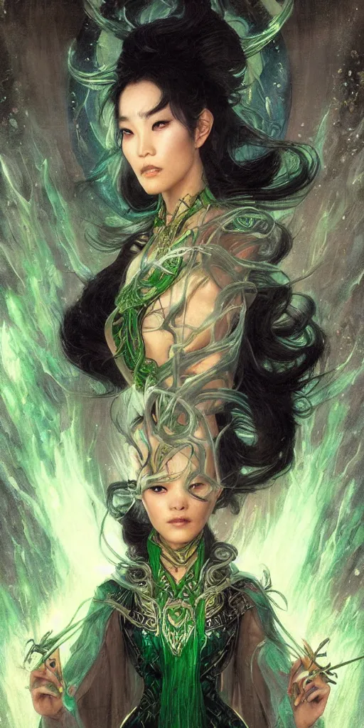 Image similar to epic masterpiece portrait of a dark asian sorceress with a magic wand, followed by heads with many faces, beautiful face and flawless skin, perfect hands, emeralds by Edgar Maxence and Ross Tran and Michael Whelan, Legends of Runeterra