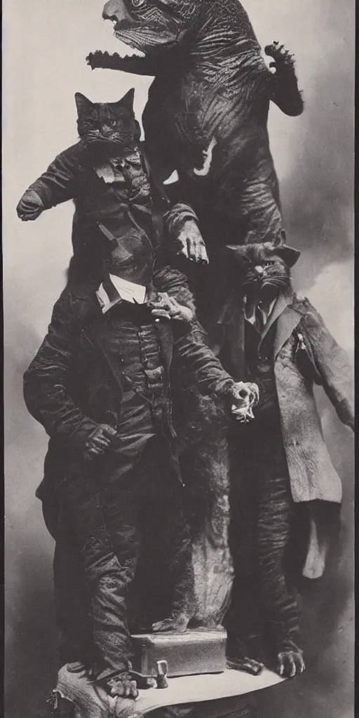 Image similar to t rex and a cat, big hands, big feet, Business men. strange, photograph, 1870s, 1890s