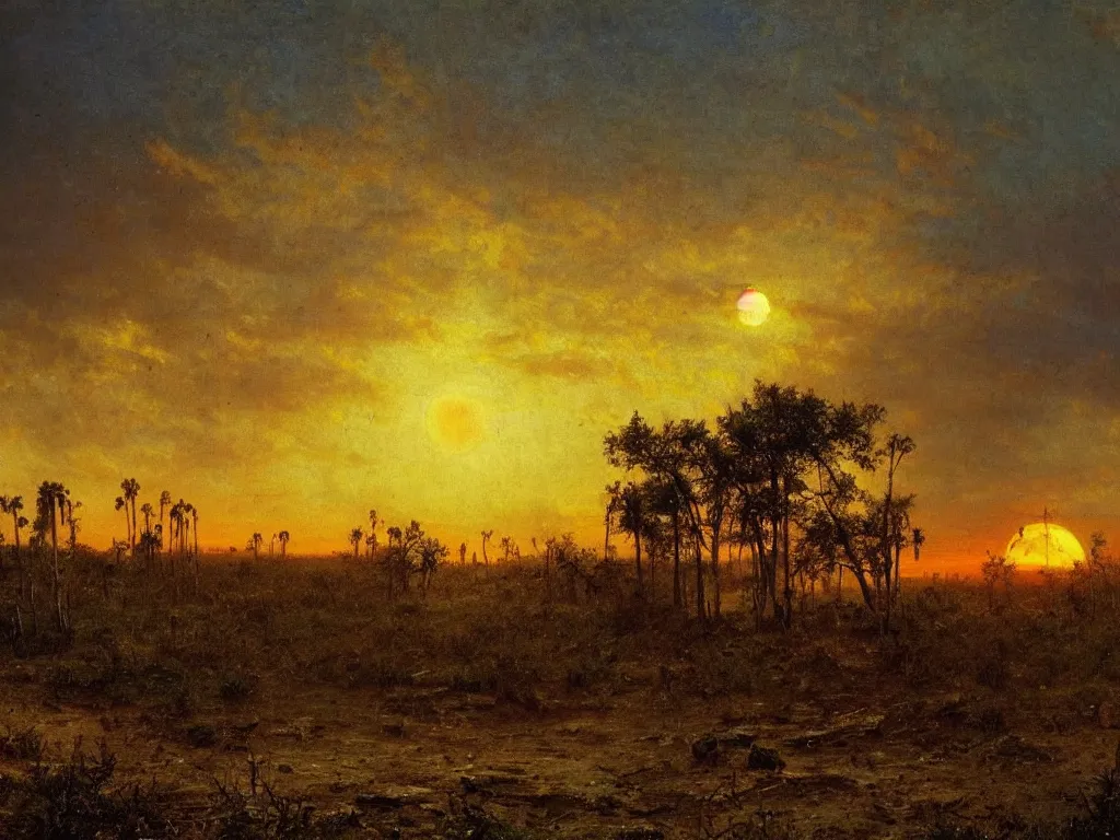 Image similar to a post apocalyptic west florida landscape after a nuclear war, beautiful radioactive sunset lighting, beautiful painting, miami beach, painted by albert bierstadt