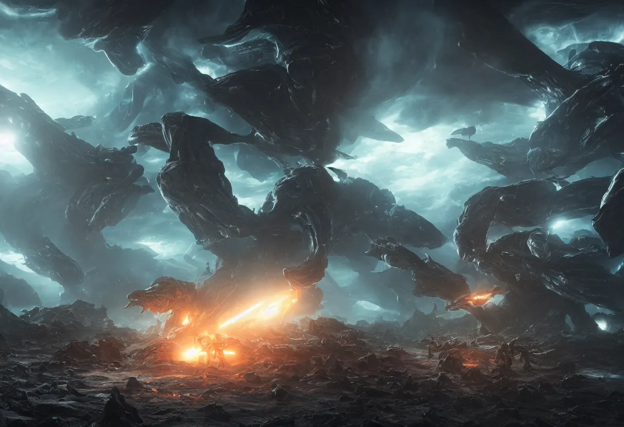 Prompt: eerie and demonic alien race invade galaxy, ominous space battle background, hyper realism, realistic, dramatic lighting, octane render, highly detailed, cinematic lighting, cinematic, art by rubens and rutkowski and rembrandt