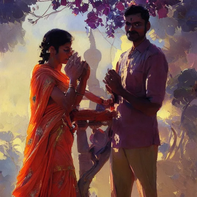 Prompt: paiting of a tamil man and alien love story, portrait, elegant, intricate, digital painting, artstation, concept art, smooth, sharp focus, illustration, art by konstantin korovin and daniel f. gerhartz and john howe