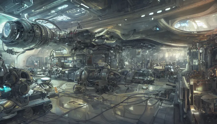 Prompt: the inside of a futuristic mechanic spaceshop coc, highly detailed interior, half - finished robot, holographic screen in center frame by peter mohrbacher, dieselpunk, cryengine render, hyper realism, realistic shading, cinematic composition, realistic render, octane render, detailed textures, photorealistic, wide shot, fanciful, colorful