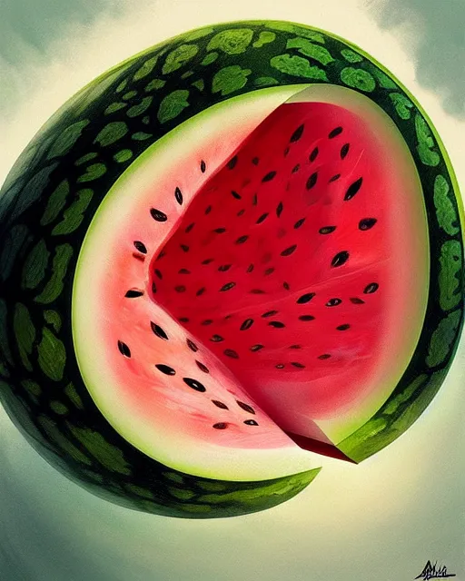 Image similar to a watermelon womb, baby in a transparent watermelon womb, gestation inside a watermelon, transparent, highly detailed, digital painting, artstation, concept art, smooth, sharp focus, illustration, art by artgerm and greg rutkowski and alphonse mucha