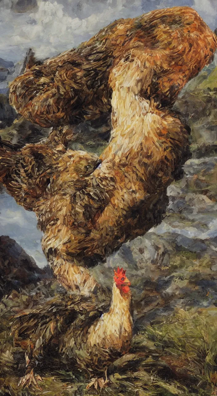 Image similar to giant chicken on a mountain top, elegant, painting