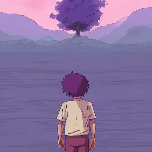 Image similar to friendly purple guy in studio ghibli artstyle, art, smooth, highly detailed, 4k, art, anime, colorful, river, beautiful scene,