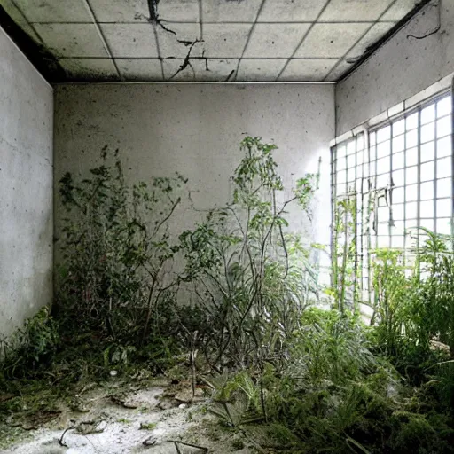 Image similar to an abandoned room in a concrete building, modern design, art deco, few overgrown plants, dreamy, overcast, by hans bellmer