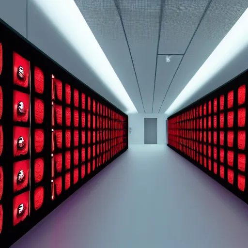 Image similar to evil server room, screen with ai face on it, dark, red lighting