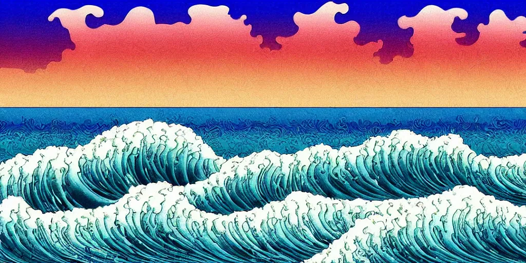 Image similar to clouds and waves, An aesthetically pleasing, dynamic, energetic, lively, well-designed digital art of a beach, ripples, waves, sea foam, light and shadow, overlaid with aizome patterns, Shin-hanga by Bob Ross, traditional Japanese colors, superior quality, masterpiece