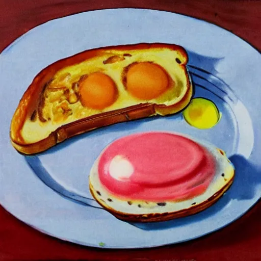 Prompt: 1950s breakfast of eggs sausage and toast in the style of Ralph Steadman