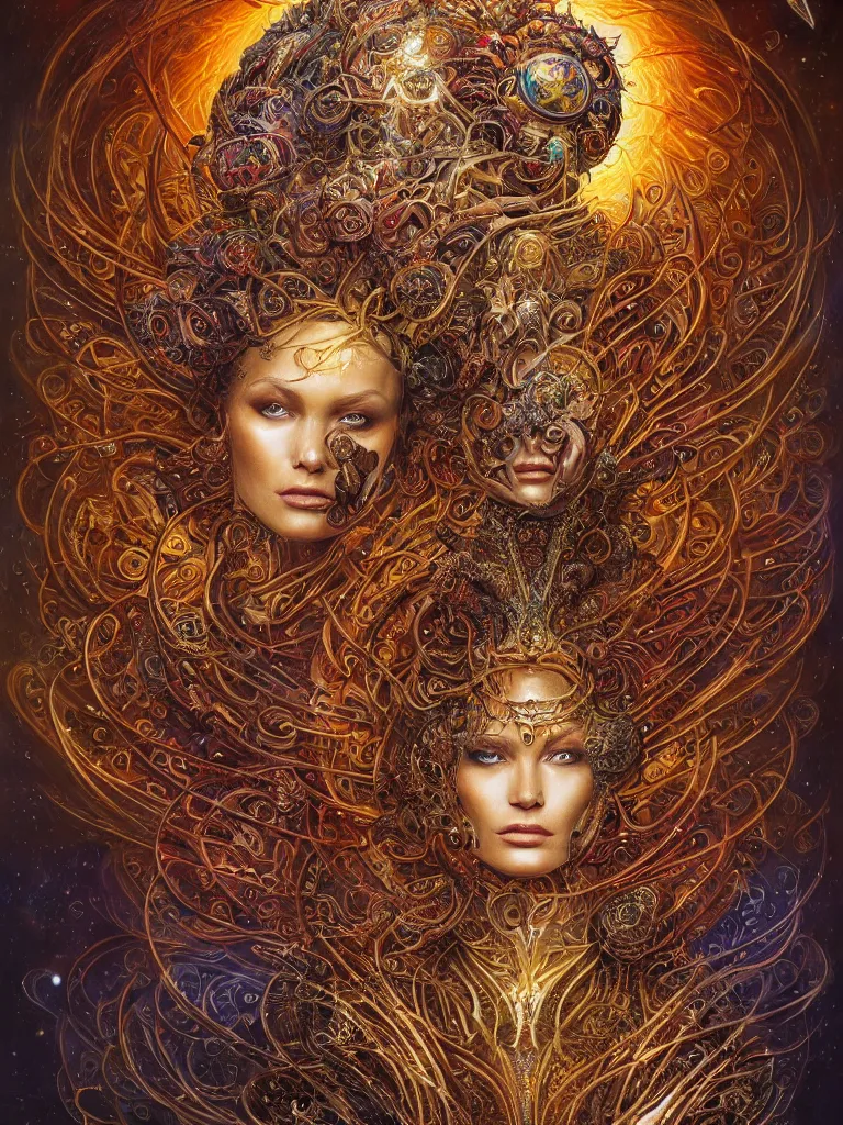 Prompt: fullbody portrait. very complex hyper-maximalist overdetailed cinematic cosmic scifi portrait of an elegant very attractive sun goddess mother of the universe by andrei riabovitchev, tomasz alen kopera, oleksandra shchaslyva and peter morbacher. Extremely ornated and decorative. Fancy luxury beautiful. Omnious intricate. Secessionist portrait illustration. Goddess of the sky. Focus on face. Artstation. Deviantart. 8k 4k 64megapixel. Rendered by binx.ly.