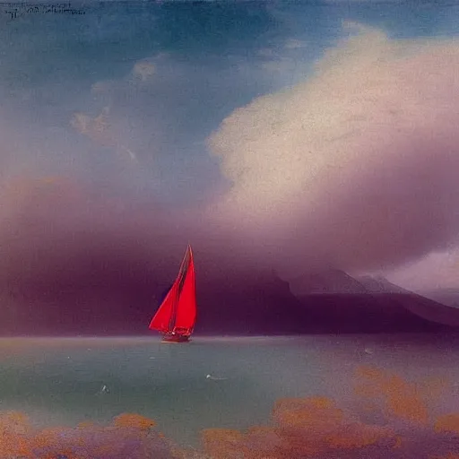 Image similar to minimalist symmetrical red clouds and green ocean in iceland fjord with tall sailboat painting by ivan aivazovsky