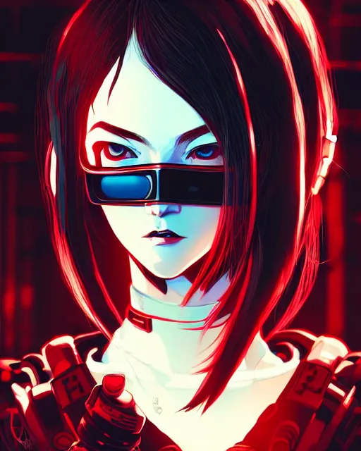 Image similar to a comic potrait of a cyberpunk cyborg girl with black and red parts, fine - face, realistic shaded perfect face, fine details. night setting. very anime style. realistic shaded lighting poster by ilya kuvshinov katsuhiro, unreal engine, global illumination, radiant light, detailed and intricate environment