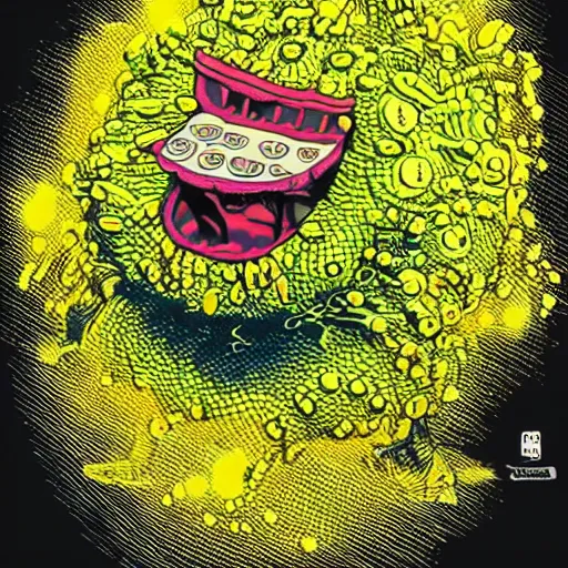Image similar to a tennis ball monster , hip hop style, multiple gold chain necklace, digital art, fantasy, magic, trending on artstation, ultra detailed, professional illustration by Basil Gogos