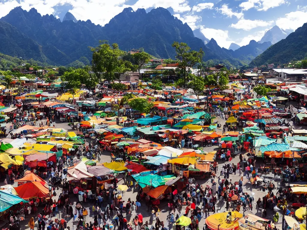 Prompt: south american city market in a valley with mountains