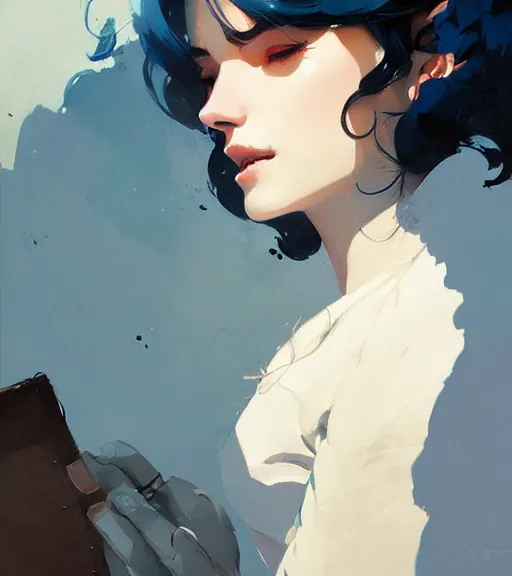 Prompt: portrait of dorian in love with a beautiful anna by atey ghailan, by greg rutkowski, by greg tocchini, by james gilleard, by joe fenton, by kaethe butcher, dynamic lighting, gradient light blue, brown, blonde cream and white color scheme, grunge aesthetic