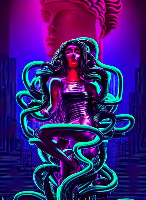 Image similar to statue of medusa, beeple, android jones, liam wong, ( ( ( ( ( dan mumford ) ) ) ) ), vaporwave, retrowave, black background, neon wiring, black, glitch, strong contrast, cuts, pinterest, trending on artstation