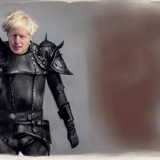 Prompt: close up of boris johnson in full leather armor, cinematographic shot, by daniel f. gerhartz