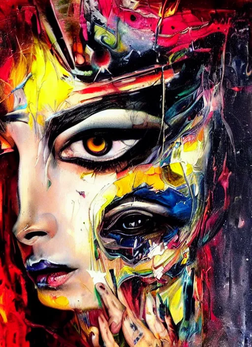 Image similar to abstract expressionist tripping magic cult psychic woman, painted face, third eye, energetic consciousness psychedelic, epic surrealism expressionism symbolism, story telling, iconic, dark robed, oil painting, symmetrical face, dark myth mythos, by sandra chevrier, bruce pennington, joan mitchell masterpiece