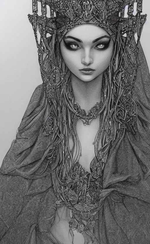 Prompt: the high priestess, by vonnart, black and white graphite drawing, smooth render, 3 / 4 view