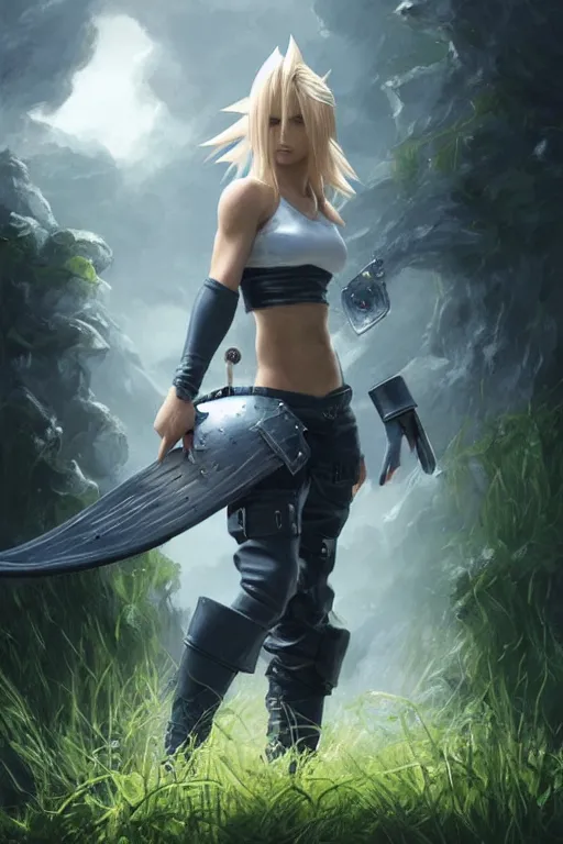 Prompt: cloud from final fantasy 7, battle stance , highly detailed, in a magical lush field of overgrown plants, digital painting, artstation, concept art, smooth, sharp focus, illustration, cinematic lighting, art by artgerm and greg rutkowski and Annie Leibowitz