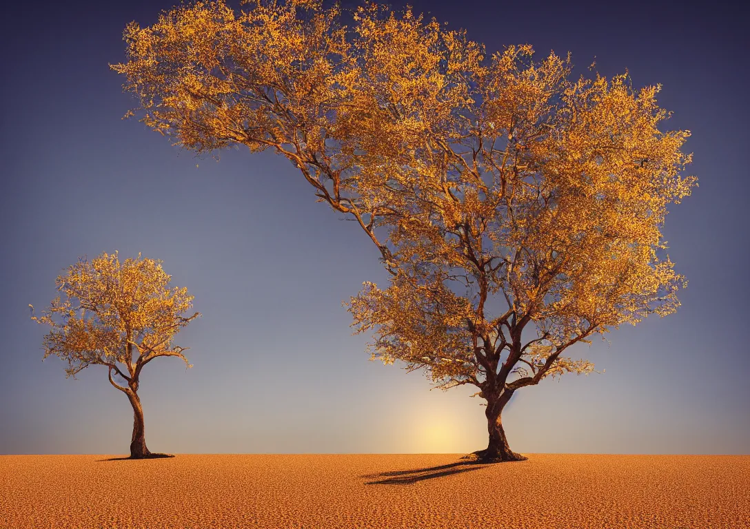 Prompt: a lonely golden tree in a dark desert, sand, gold, bright light, detailed photography, dennis velleneuve, vivid colors, ultra realistic, 8 k, photography