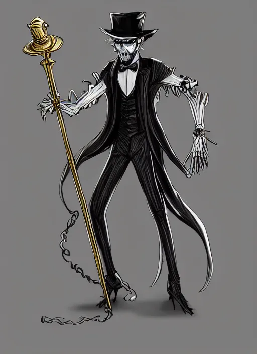 Image similar to DND character art, skeletal male figure, wearing a deep black suit!!! and tie and top hat, holding a gold! cane!. blue!!! flames!!