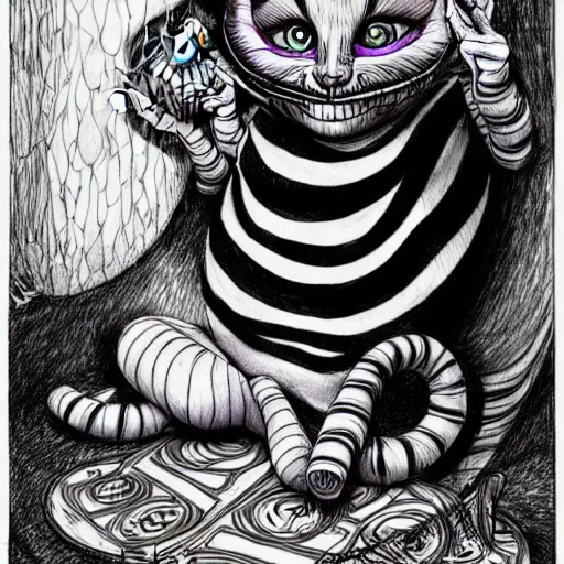 Image similar to graphic illustration, creative design, alice in wonderland as cheshire cat, biopunk, francis bacon, highly detailed, hunter s thompson, concept art