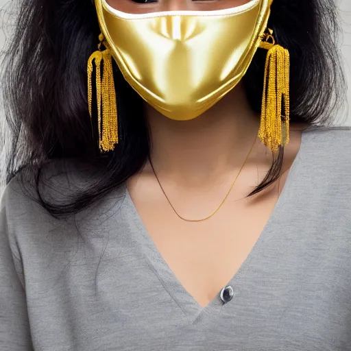 Image similar to japanese female balaclava face mask with golden necklace and kimono, photo portrait, beautiful female model