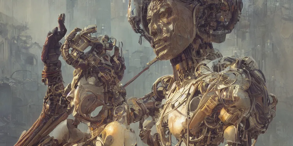 Prompt: octane render, ultra photorealistic, hyper detailed, unreal engine, a breathtaking wooden mystical statue robot of the last human in existence cyberpunk in a contemporary art gallery in neo tokyo artwork by greg rutkowski, alphonse mucha,