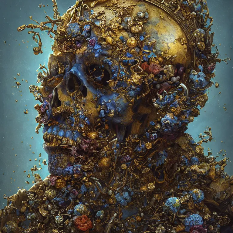 Prompt: A beautiful oil painting hyperrealism of a rotting zombie king, gold throne , grey beard, blue veins, skull bones flowers, 8k resolution, octane render, Trending on artstation, by Gediminas Pranckevicius, volumetric light 2blue fractal Thunder glow by dan mumford, anaglyph effect, Laurie Lipton