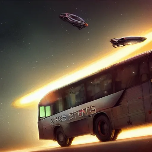 Image similar to realistic render portrait of an bus flying through space intricate, dystopian, sci-fi, extremely detailed, digital painting, sculpted in zbrush, artstation, concept art, smooth, sharp focus, illustration, chiaroscuro lighting, golden ratio, incredible art by artgerm and greg rutkowski and alphonse mucha and simon stalenhag