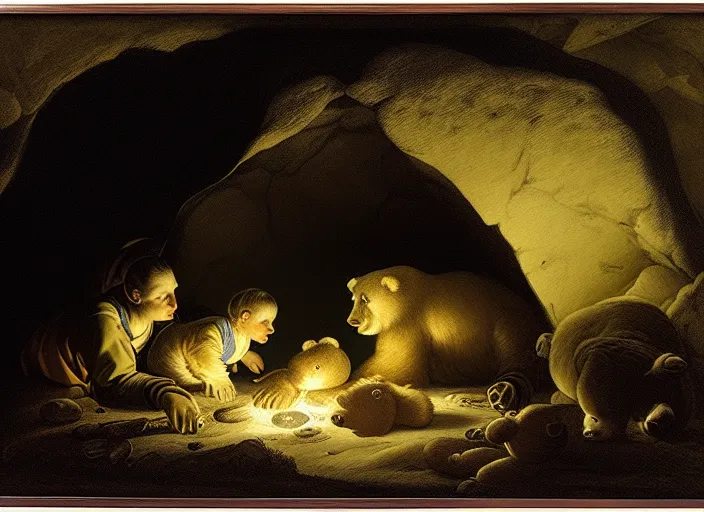 Image similar to Pieter Claesz's 'bear and her cubs sleeping in a dark cave lit by campfire', night time, cross hatching, framed