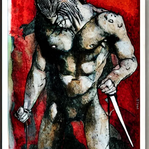 Image similar to comic strip loose, subtle by paul lovering. mixed media art. a large, muscular demon - like creature with wings, standing in a dark, hellish landscape. the creature has red eyes & sharp teeth, & is holding a large sword in one hand.
