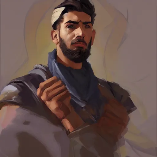 Image similar to greg manchess portrait painting of a young ducktail bearded middle eastern american male as overwatch character, medium shot, asymmetrical, profile picture, organic painting, sunny day, matte painting, bold shapes, hard edges, street art, trending on artstation, by huang guangjian and gil elvgren and sachin teng