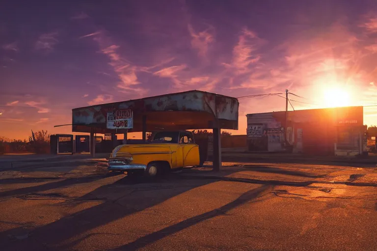 Image similar to a sunset light landscape with historical route 6 6, lots of sparkling details and sun ray ’ s, blinding backlight, smoke, volumetric lighting, colorful, octane, 3 5 mm, abandoned gas station, old rusty pickup - truck, beautiful epic colored reflections, very colorful heavenly, softlight