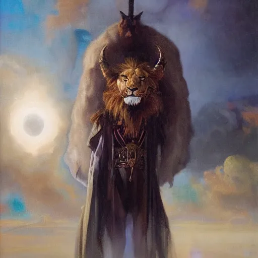 Image similar to mystical cosmic goth lion viking messenger queen, oil painting by greg rutkowski, james jean, frank crozier, ellis silas, john singer sargent, george bellows, georgia o keeffe. 4 k high - quality, emotional