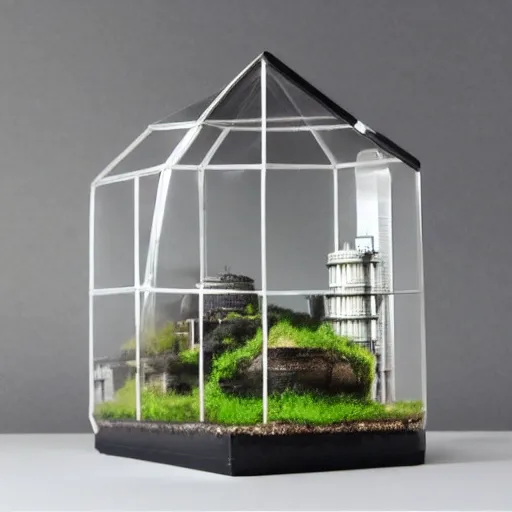 Image similar to a large terrarium with a realistic diorama of a reactor building and cooling tower inside on top of a minimalist table, lit from the side