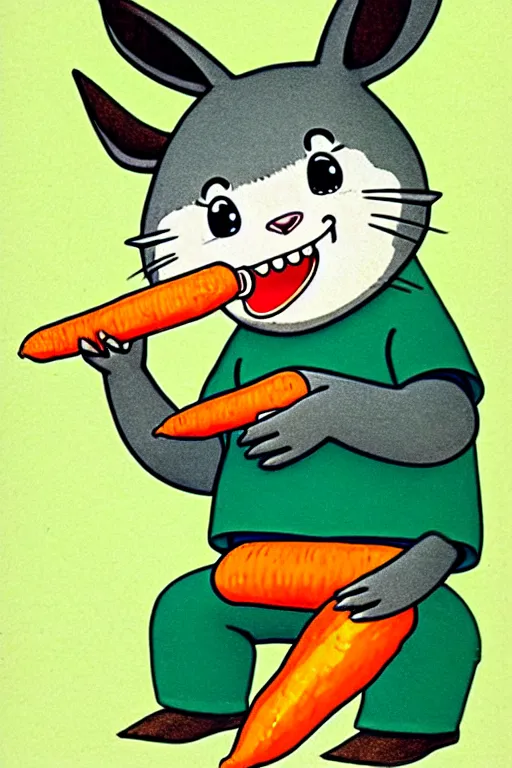 Prompt: by richard scarry. happy donkey eating a carrot. a 1 9 7 0 s retro illustration. studio ghibli. muted colors, detailed