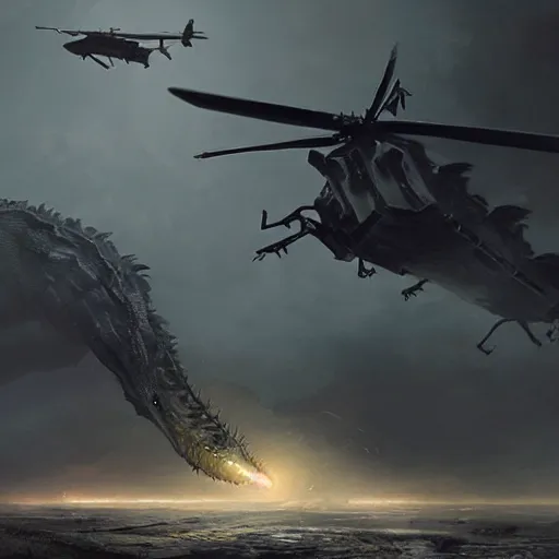 Prompt: an giant reptile creature destroying flying helicopters in a foggy storm weather, Matte painting , detailed painting, greg rutkowski