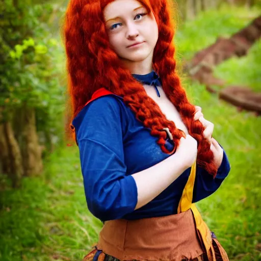 Image similar to woman with long curly red hair in villager cosplay from super smash brothers video game. relaxed. realistic photo. cosplay photoshoot. high detail. convention photo.